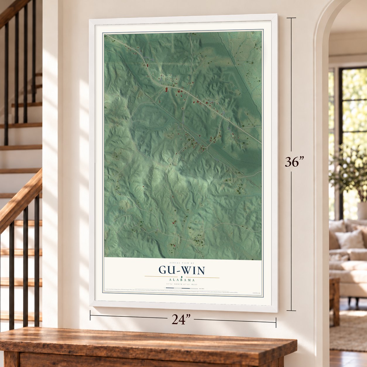 Gu-Win, Alabama map, 24 x 36 inch print in a white frame by a staircase
