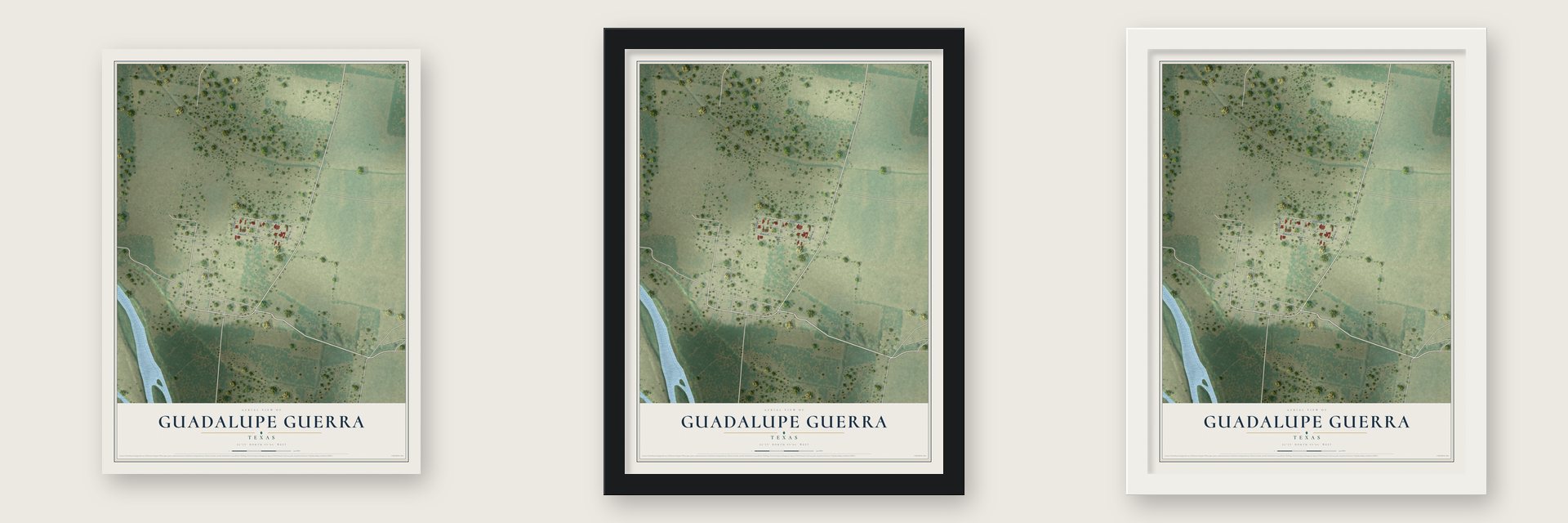 Guadalupe Guerra, Texas map unframed, in a black wood frame and in a white wood frame