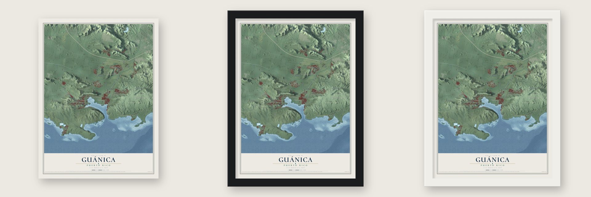 Guánica, Puerto Rico map unframed, in a black wood frame and in a white wood frame