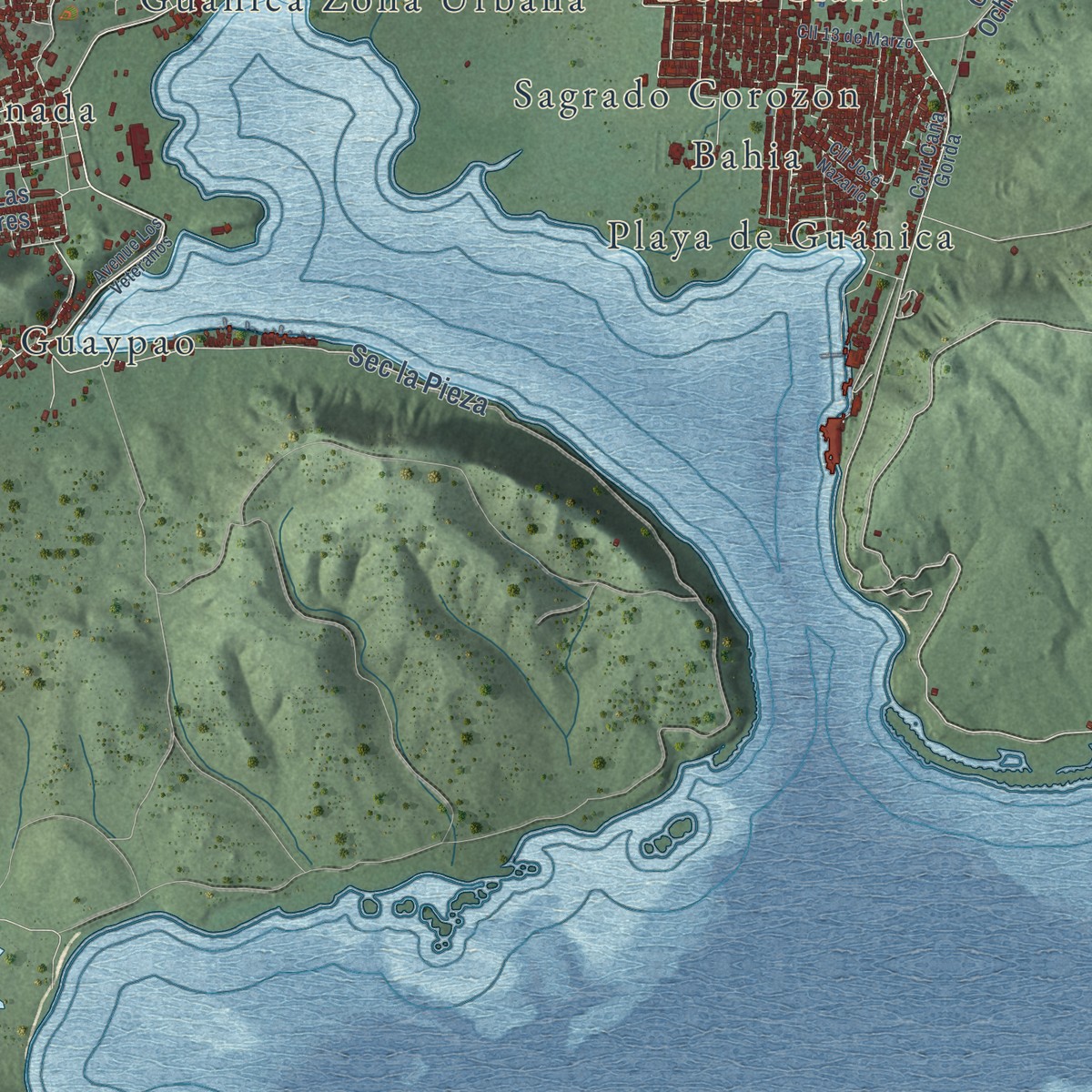 Second close-up of the map of Guánica, Puerto Rico print showing more streets and buildings
