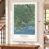 Guánica, Puerto Rico map, 24 x 36 inch print in a white frame by a staircase
