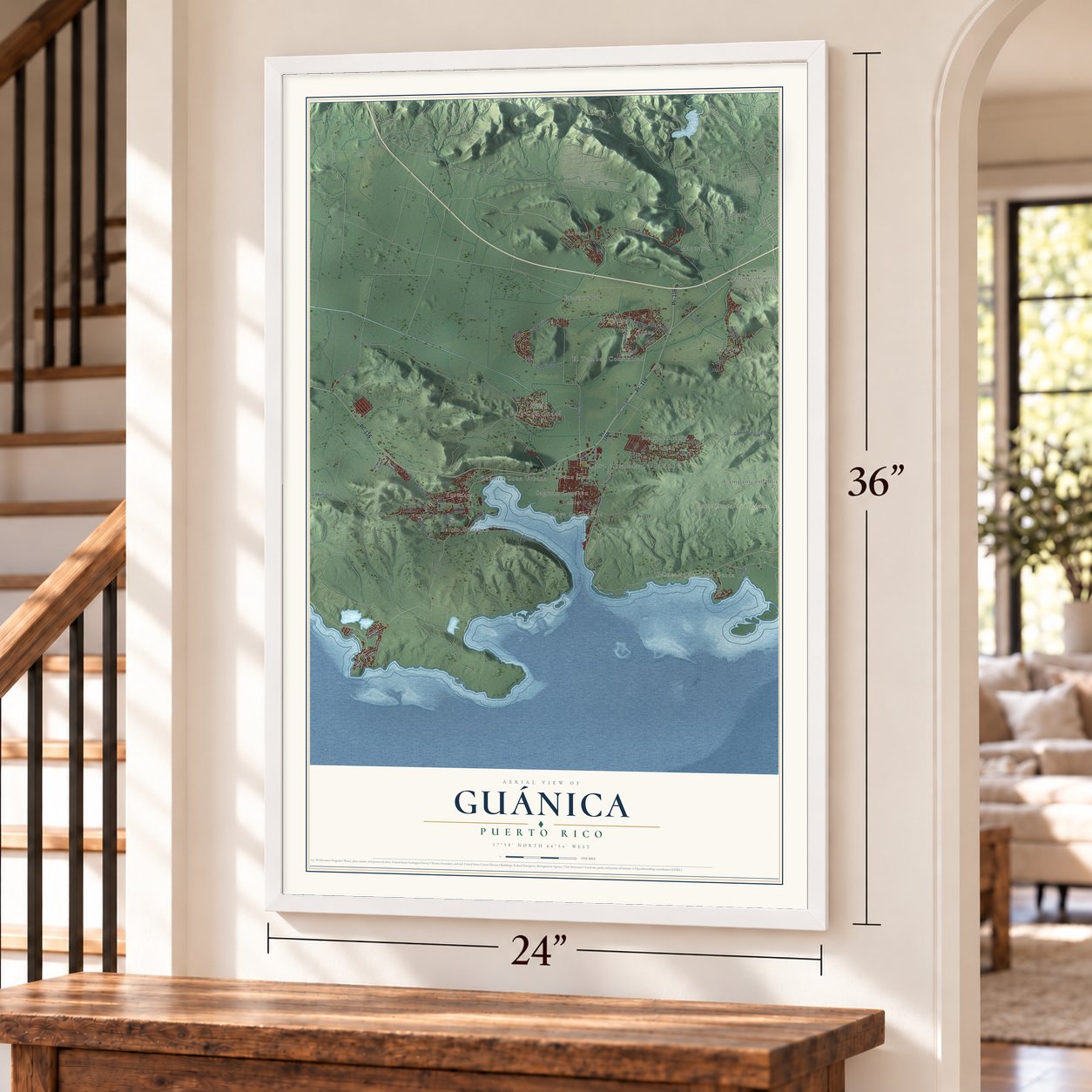 Guánica, Puerto Rico map, 24 x 36 inch print in a white frame by a staircase