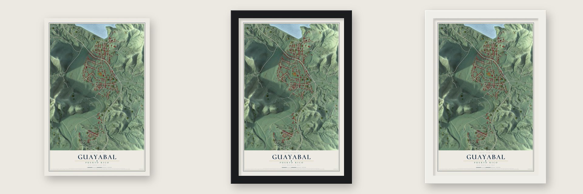 Guayabal, Puerto Rico map unframed, in a black wood frame and in a white wood frame