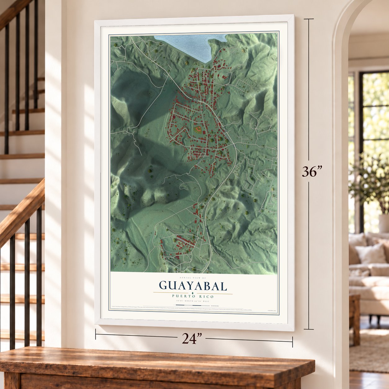 Guayabal, Puerto Rico map, 24 x 36 inch print in a white frame by a staircase