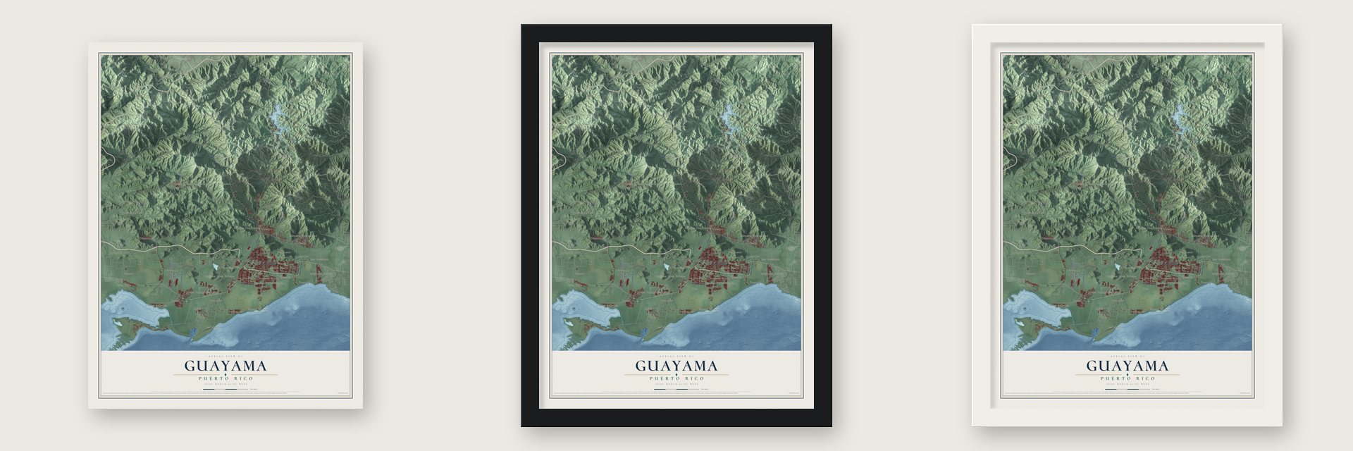 Guayama, Puerto Rico map unframed, in a black wood frame and in a white wood frame