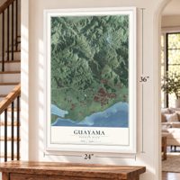 Guayama, Puerto Rico map, 24 x 36 inch print in a white frame by a staircase