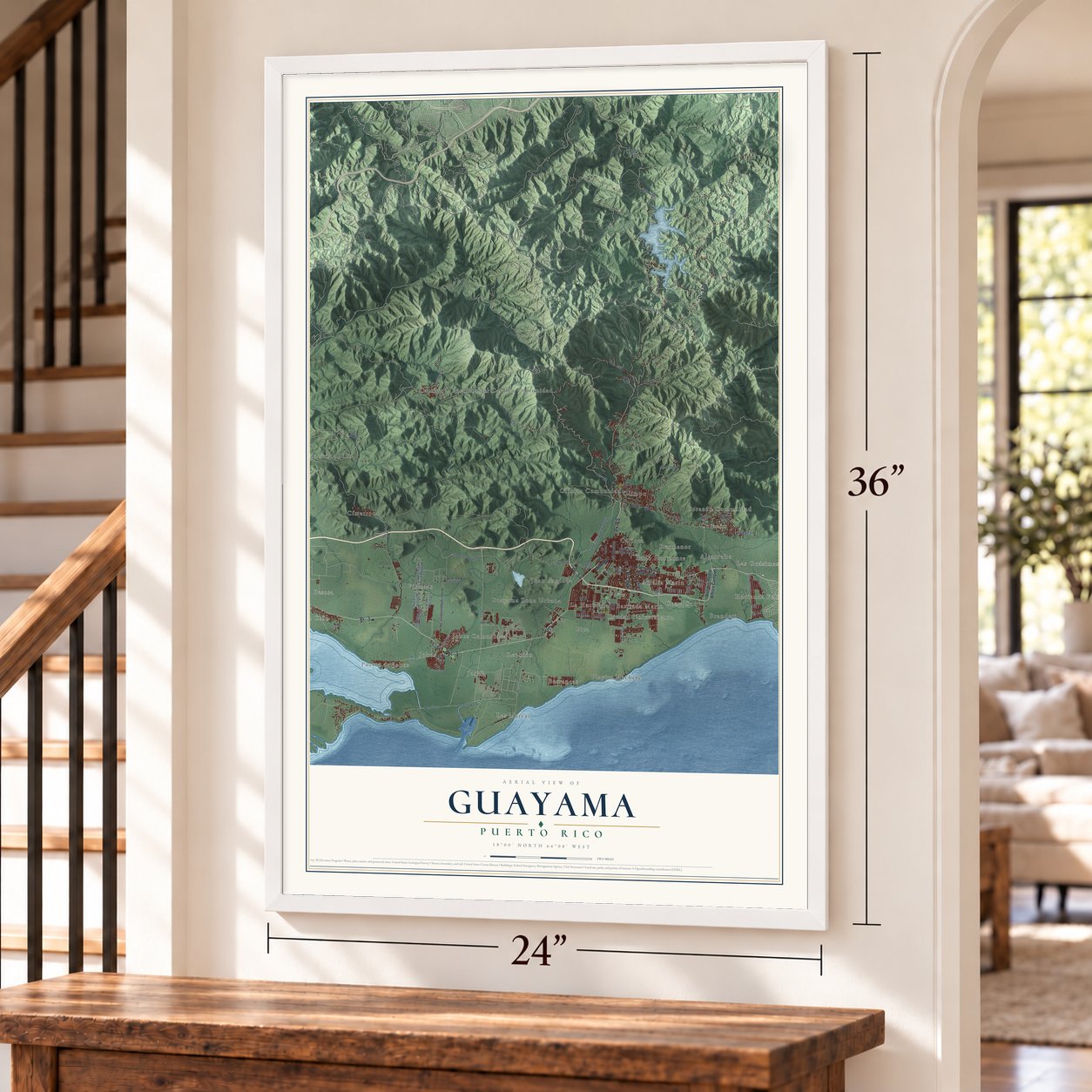 Guayama, Puerto Rico map, 24 x 36 inch print in a white frame by a staircase