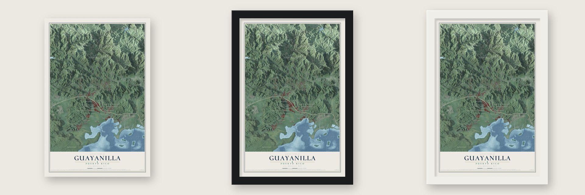 Guayanilla, Puerto Rico map unframed, in a black wood frame and in a white wood frame