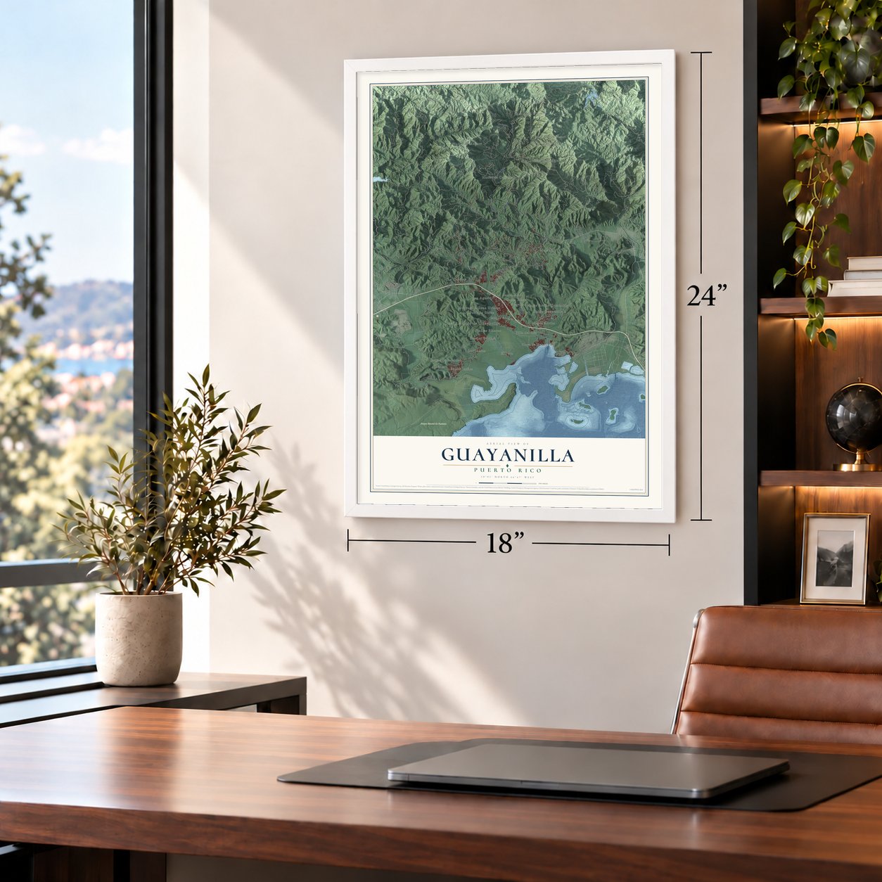 Guayanilla, Puerto Rico map, 18 x 24 inch print in a white frame in a home office