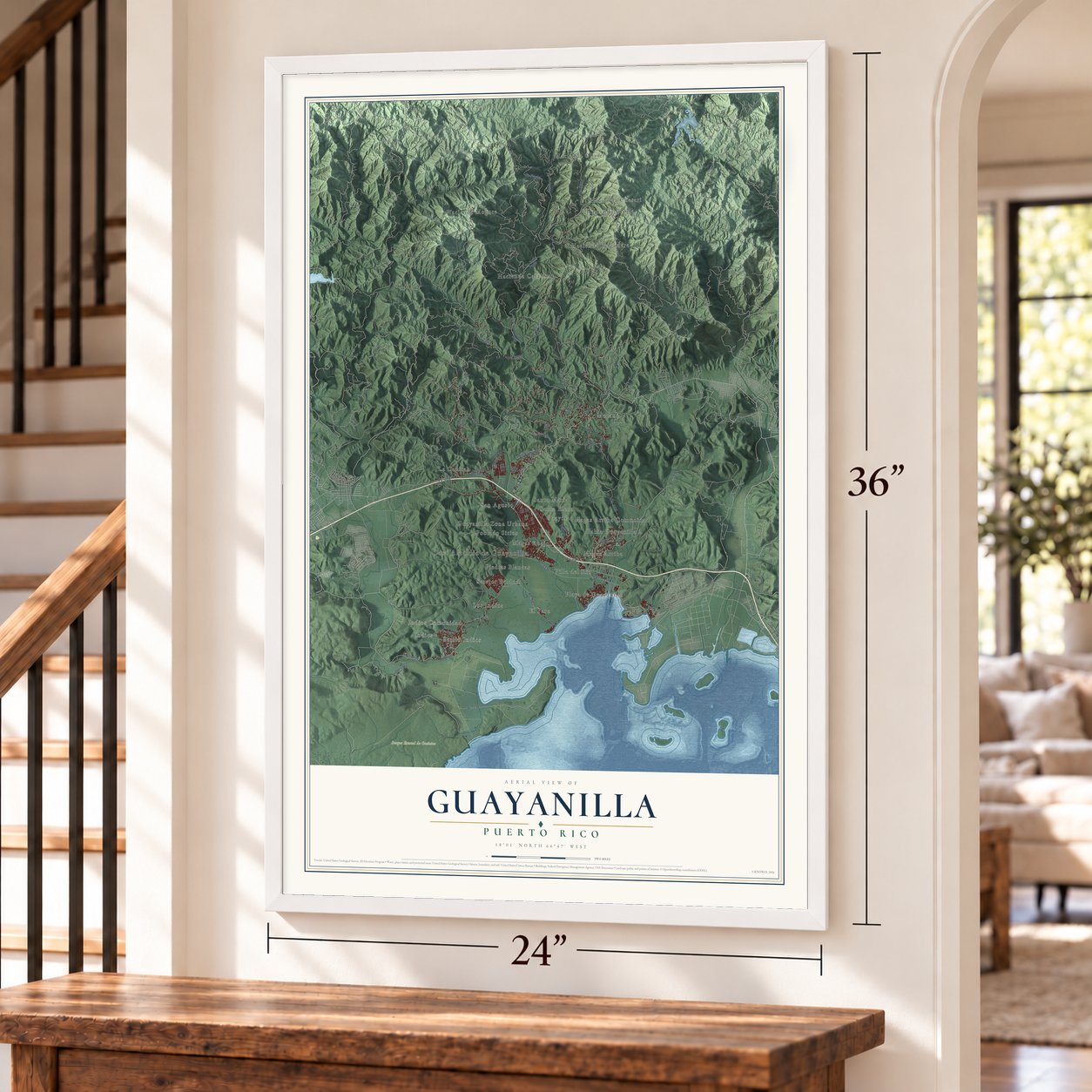 Guayanilla, Puerto Rico map, 24 x 36 inch print in a white frame by a staircase
