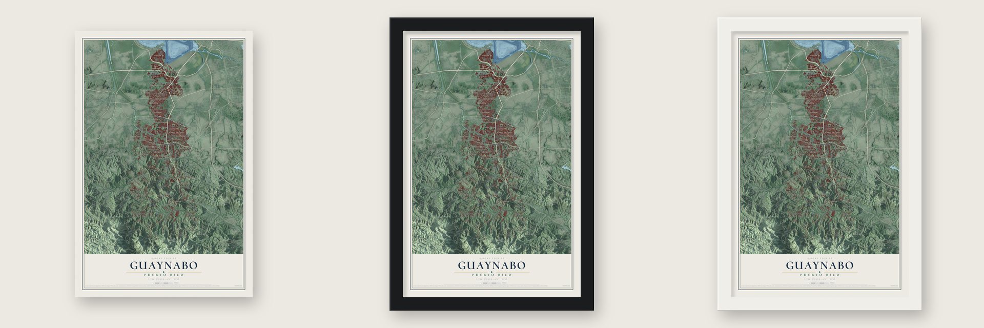 Guaynabo, Puerto Rico map unframed, in a black wood frame and in a white wood frame