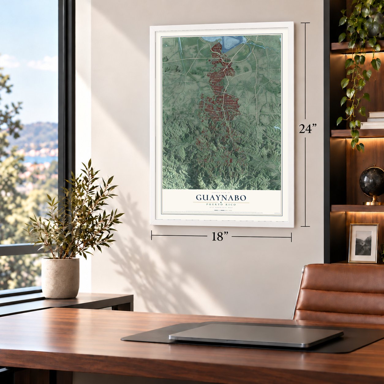 Guaynabo, Puerto Rico map, 18 x 24 inch print in a white frame in a home office