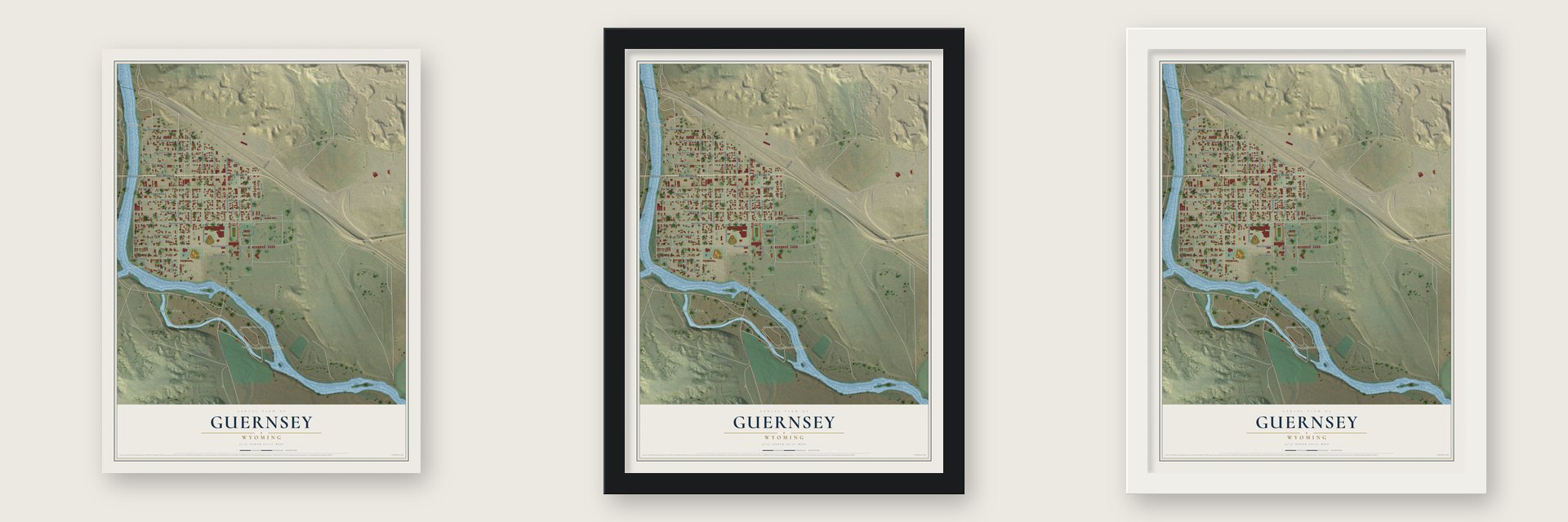 Guernsey, Wyoming map unframed, in a black wood frame and in a white wood frame