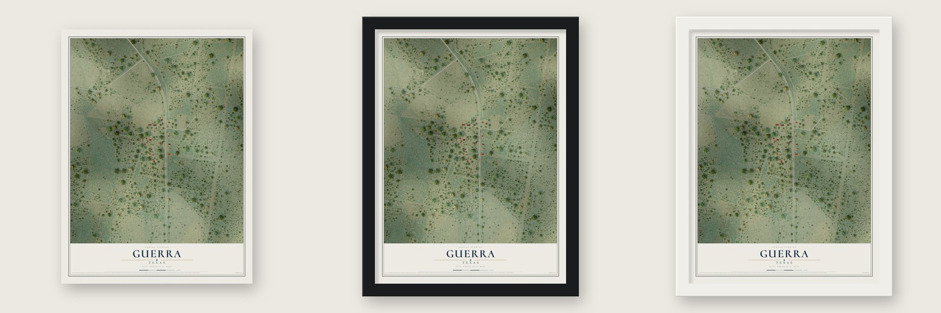 Guerra, Texas map unframed, in a black wood frame and in a white wood frame