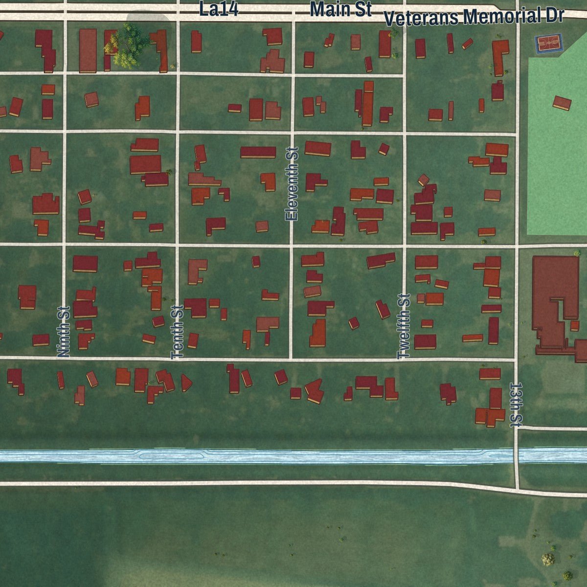 Second close-up of the map of Gueydan, Louisiana print showing more streets and buildings