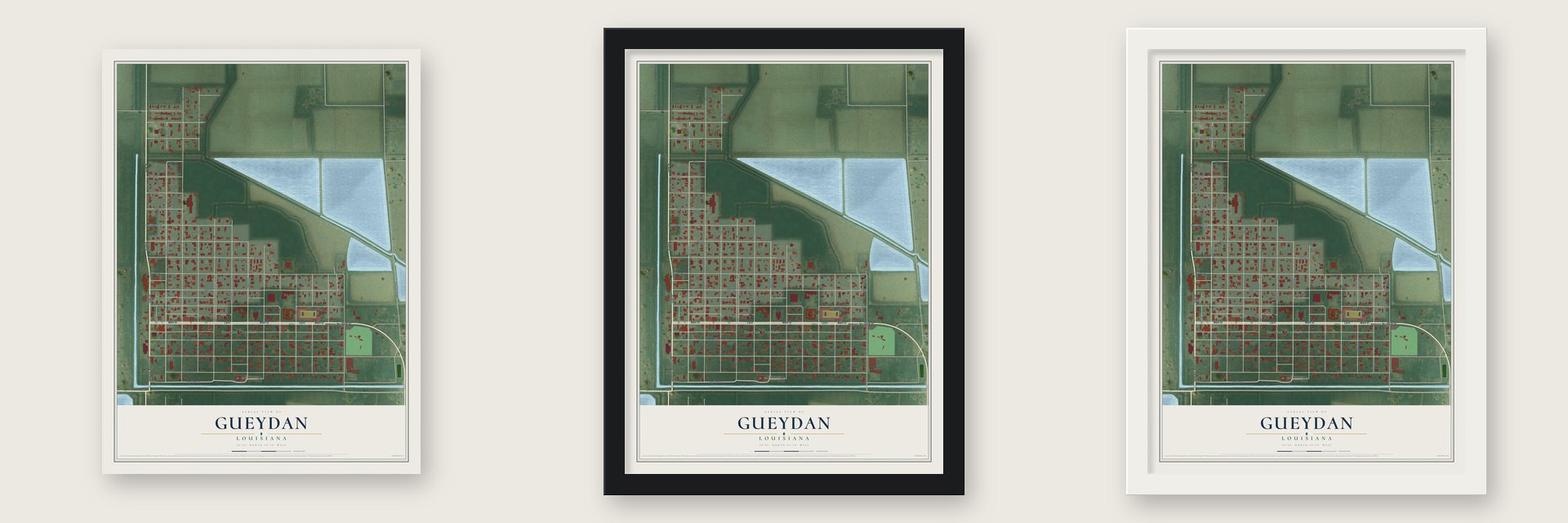 Gueydan, Louisiana map unframed, in a black wood frame and in a white wood frame