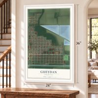 Gueydan, Louisiana map, 24 x 36 inch print in a white frame by a staircase