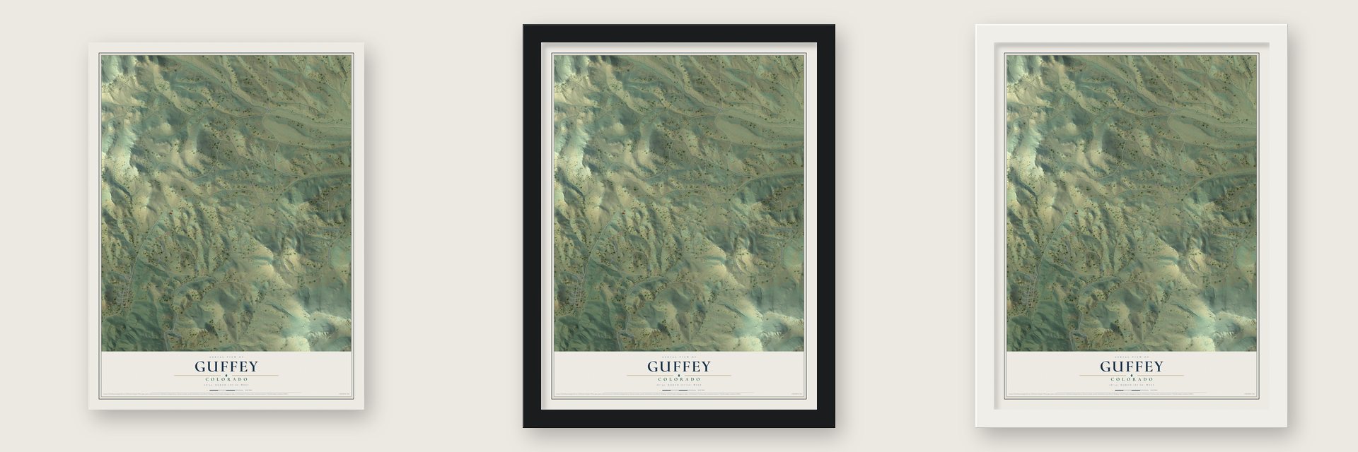 Guffey, Colorado map unframed, in a black wood frame and in a white wood frame