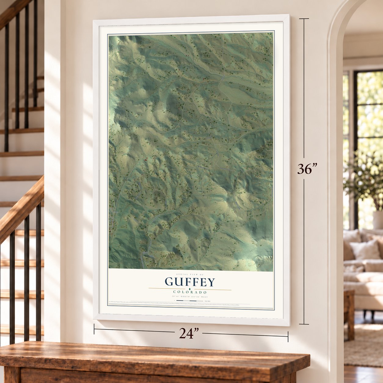 Guffey, Colorado map, 24 x 36 inch print in a white frame by a staircase