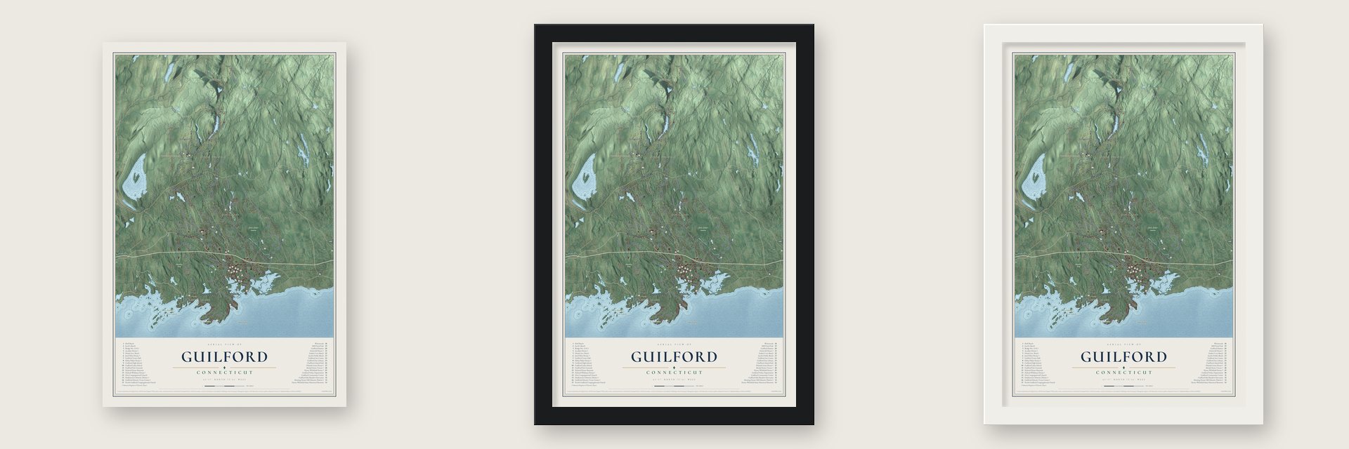 Guilford, Connecticut map unframed, in a black wood frame and in a white wood frame