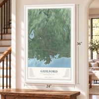 Guilford, Connecticut map, 24 x 36 inch print in a white frame by a staircase