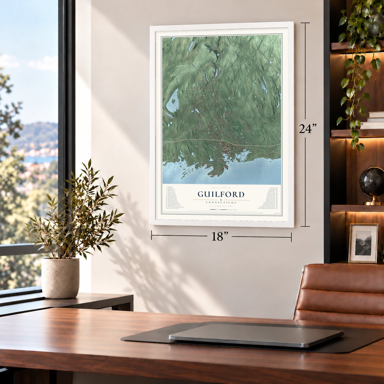 Guilford, Connecticut map, 18 x 24 inch print in a white frame in a home office
