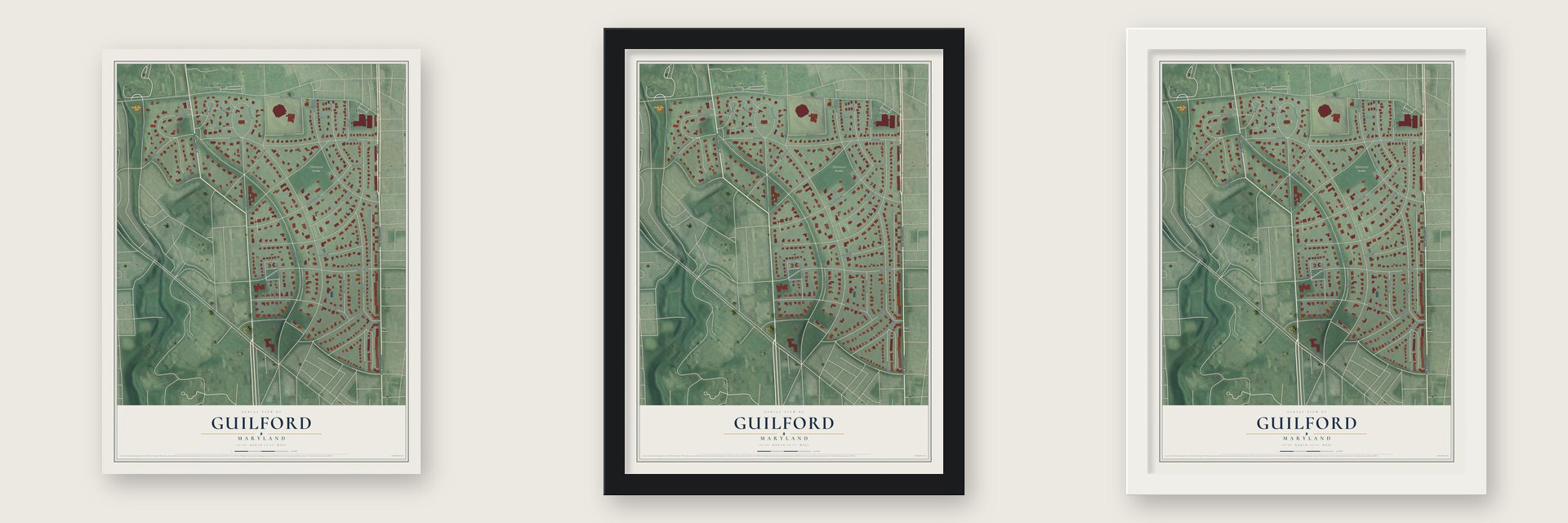 Guilford, Maryland map unframed, in a black wood frame and in a white wood frame