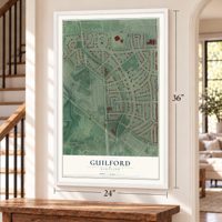 Guilford, Maryland map, 24 x 36 inch print in a white frame by a staircase