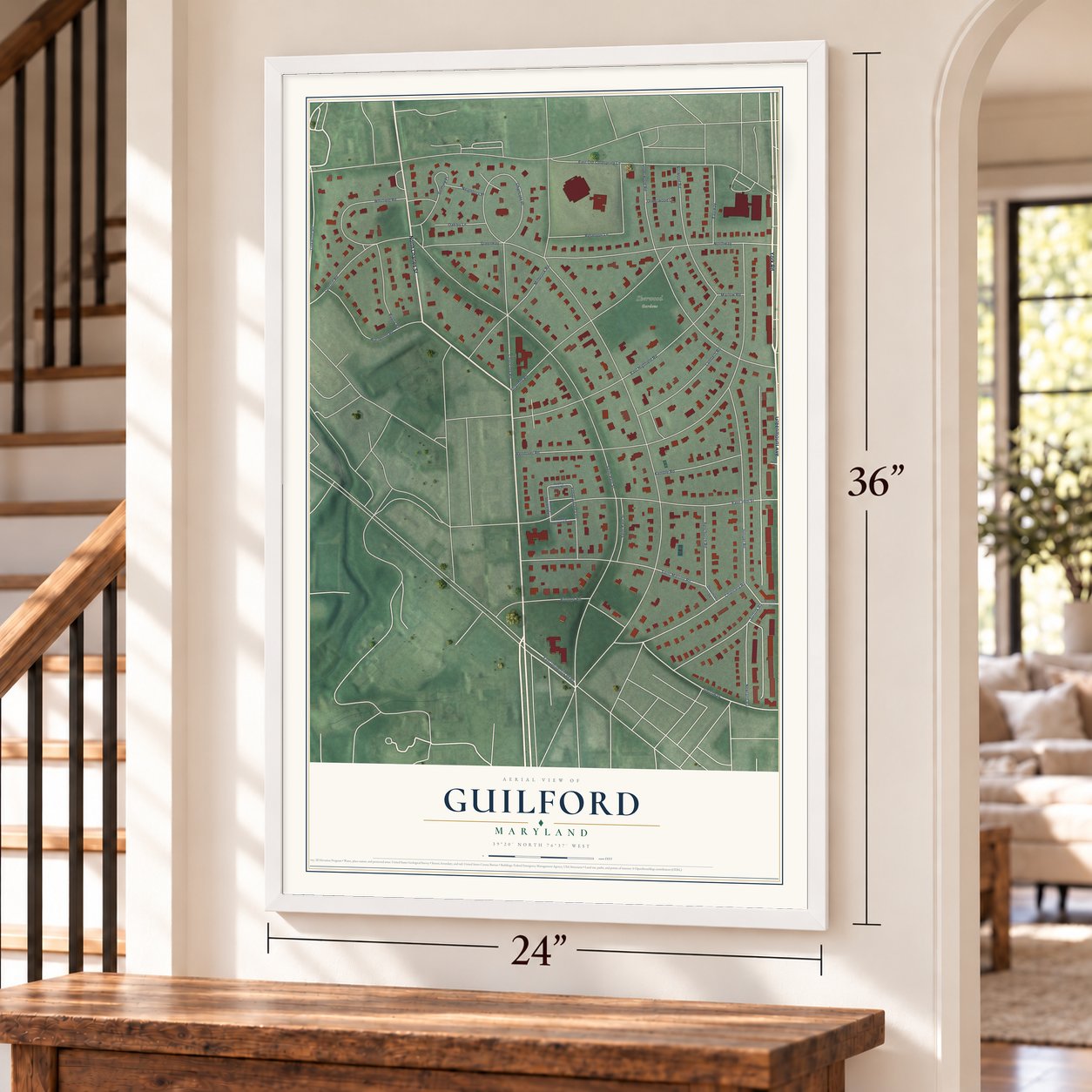 Guilford, Maryland map, 24 x 36 inch print in a white frame by a staircase