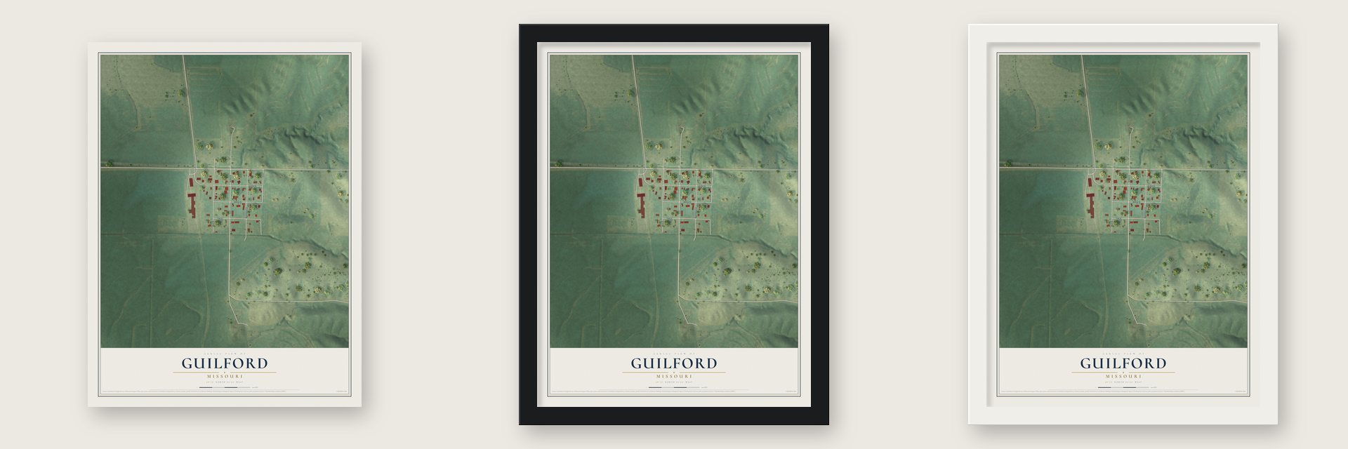 Guilford, Missouri map unframed, in a black wood frame and in a white wood frame