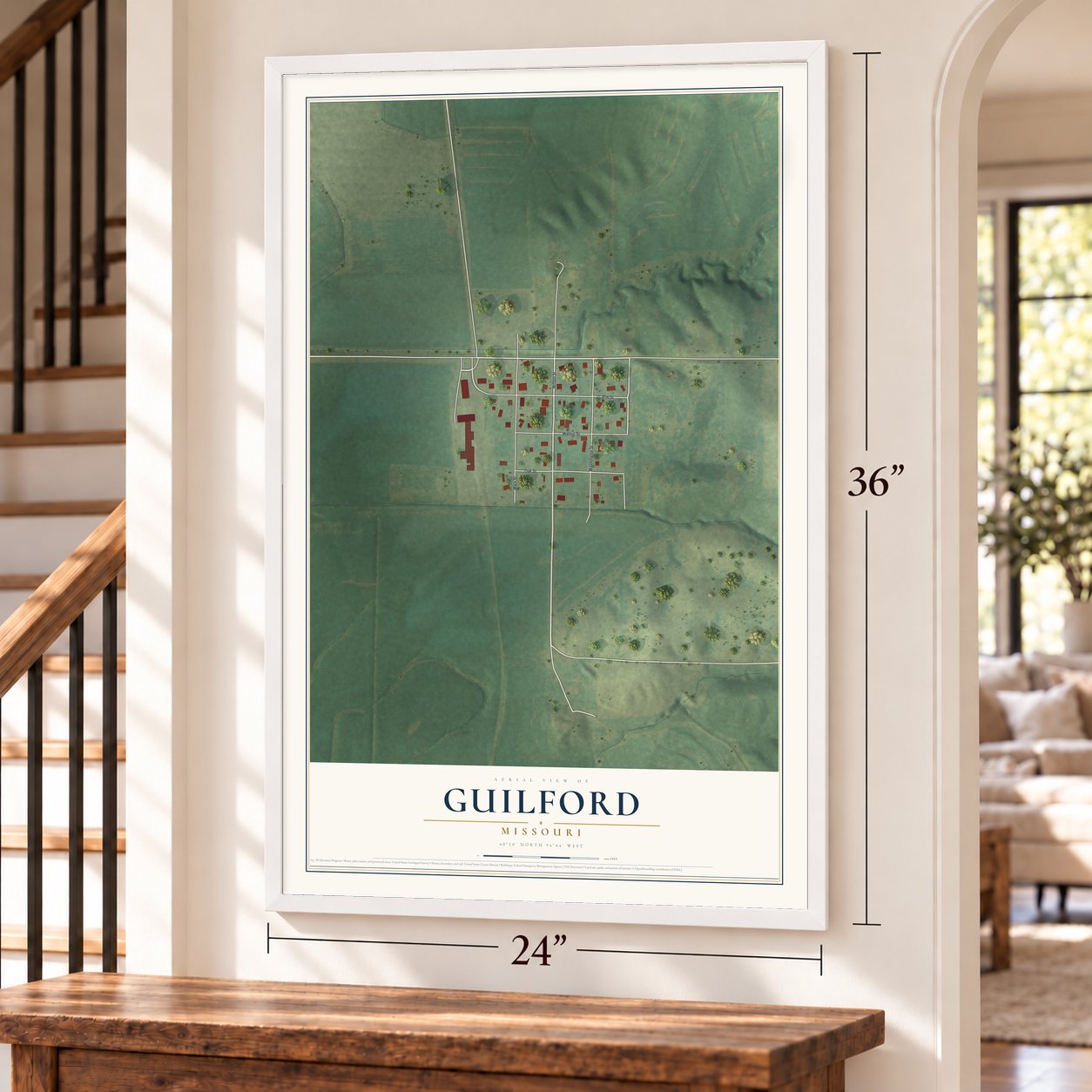 Guilford, Missouri map, 24 x 36 inch print in a white frame by a staircase