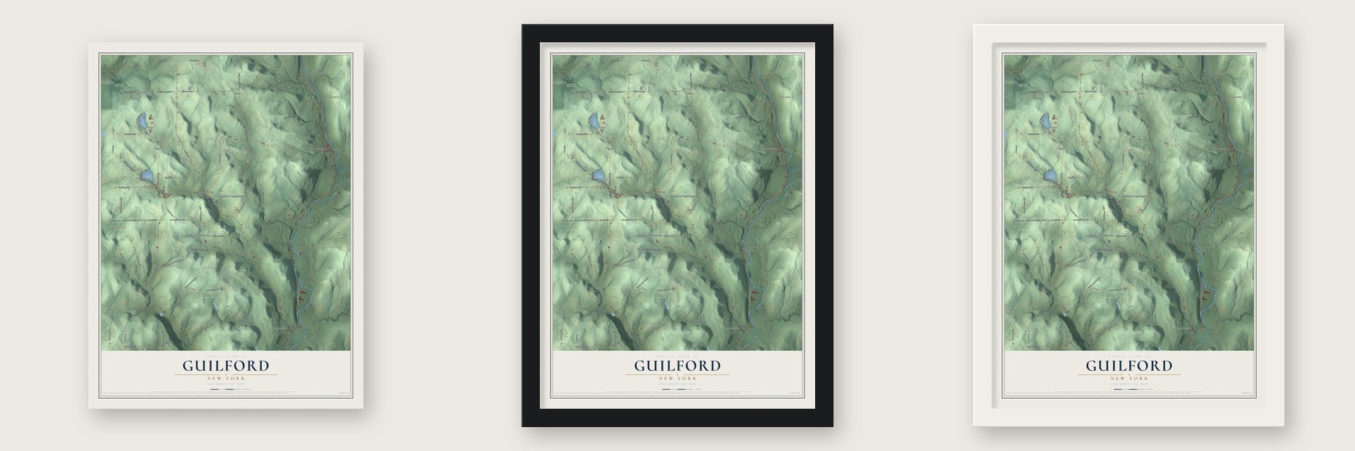 Guilford, New York map unframed, in a black wood frame and in a white wood frame