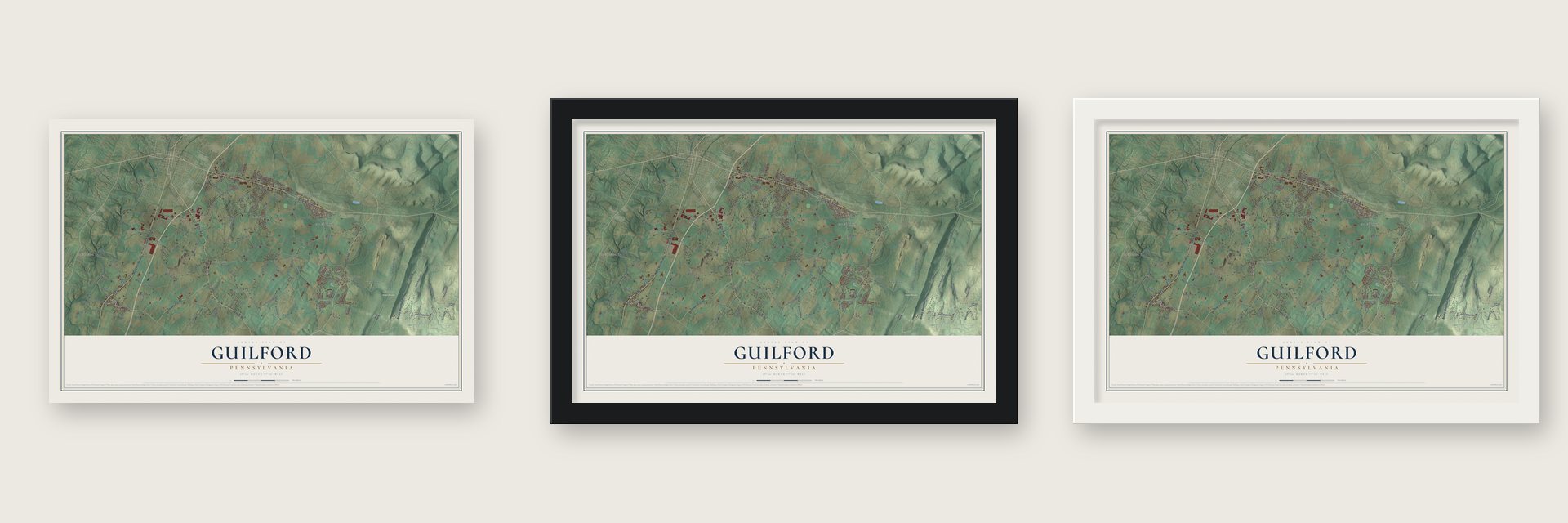 Guilford, Pennsylvania map unframed, in a black wood frame and in a white wood frame