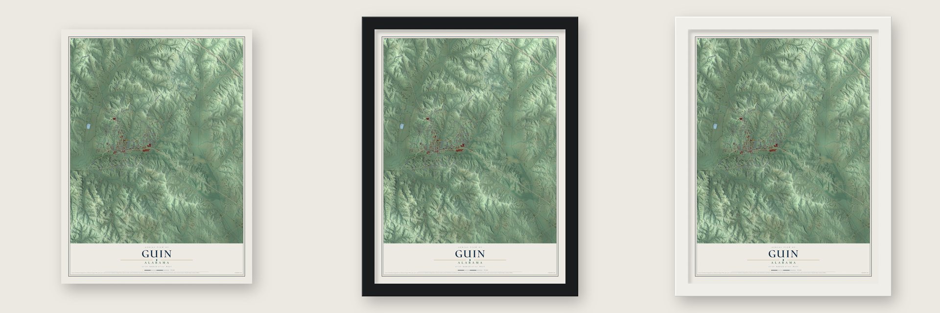 Guin, Alabama map unframed, in a black wood frame and in a white wood frame