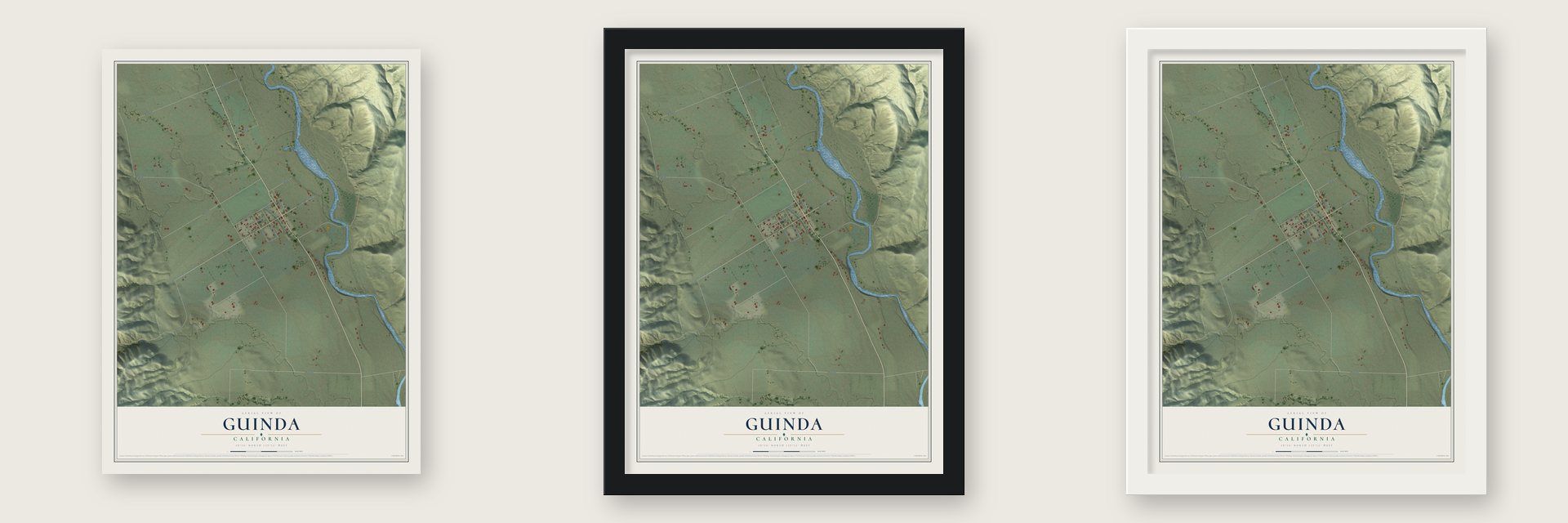 Guinda, California map unframed, in a black wood frame and in a white wood frame