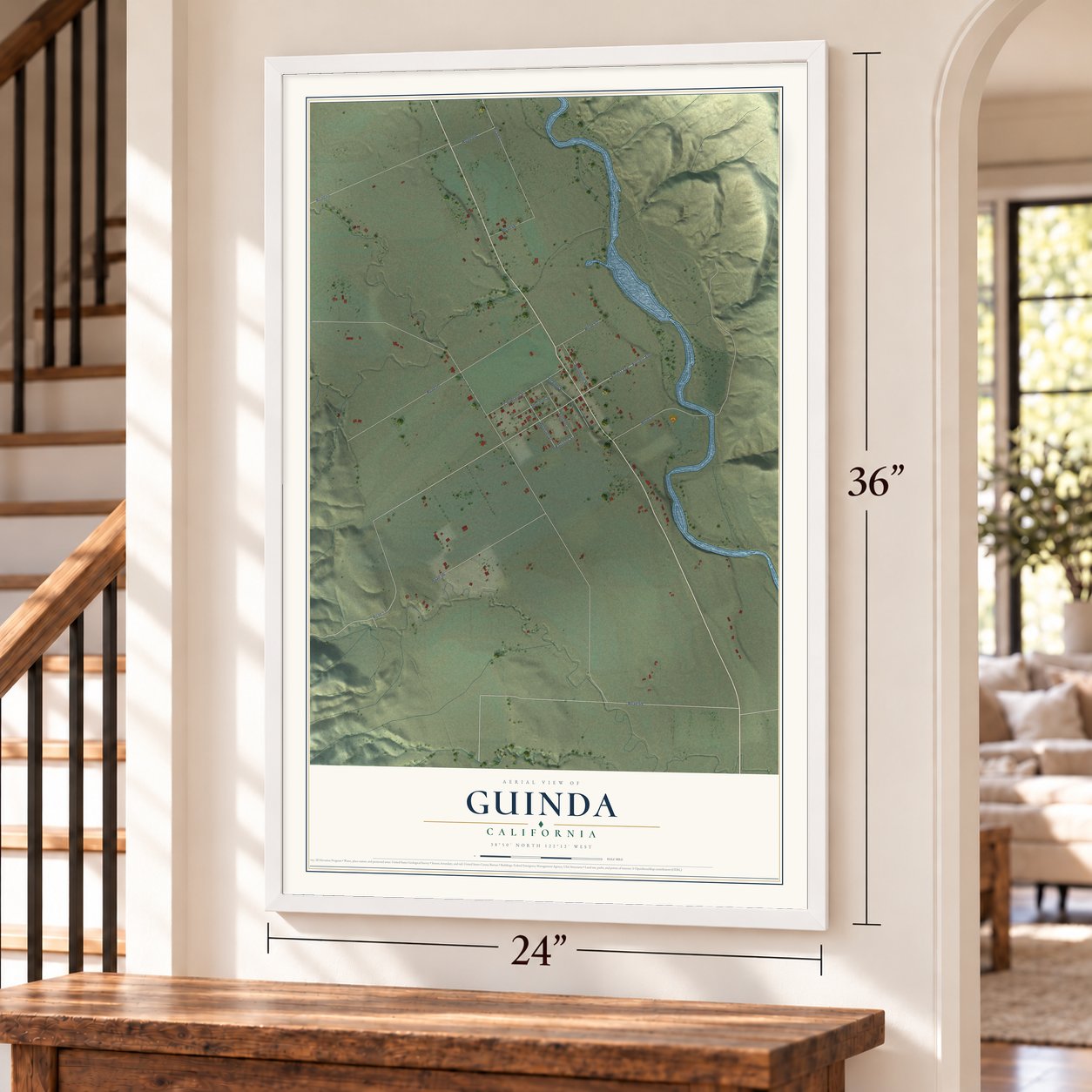 Guinda, California map, 24 x 36 inch print in a white frame by a staircase