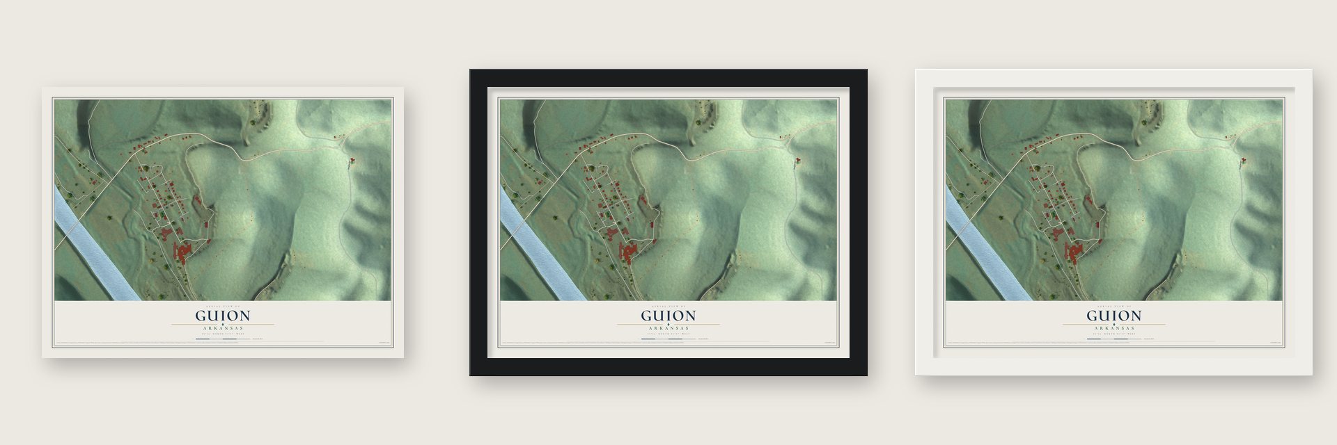 Guion, Arkansas map unframed, in a black wood frame and in a white wood frame