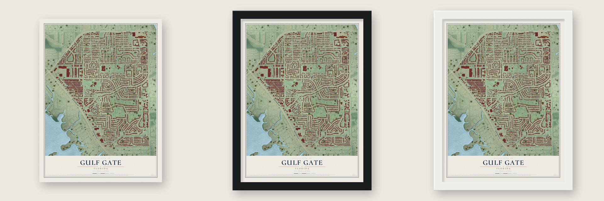 Gulf Gate, Florida map unframed, in a black wood frame and in a white wood frame
