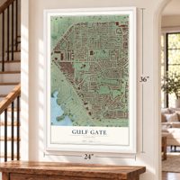 Gulf Gate, Florida map, 24 x 36 inch print in a white frame by a staircase
