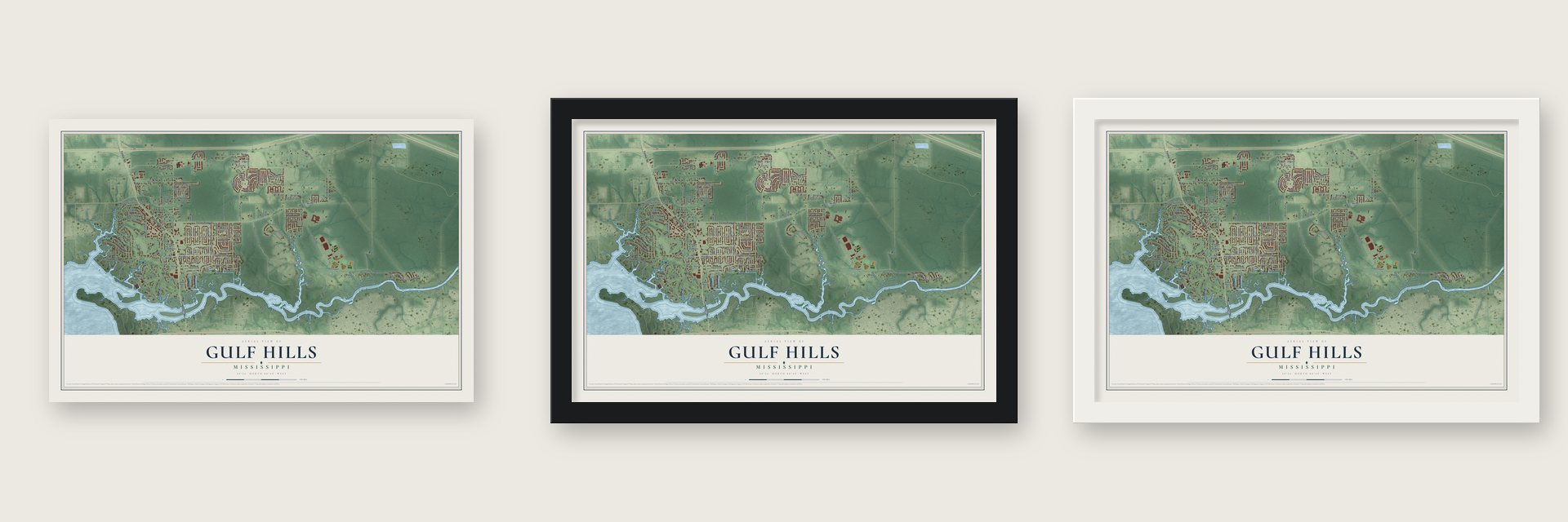 Gulf Hills, Mississippi map unframed, in a black wood frame and in a white wood frame