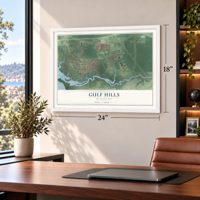 Gulf Hills, Mississippi map, 18 x 24 inch print in a white frame in a home office