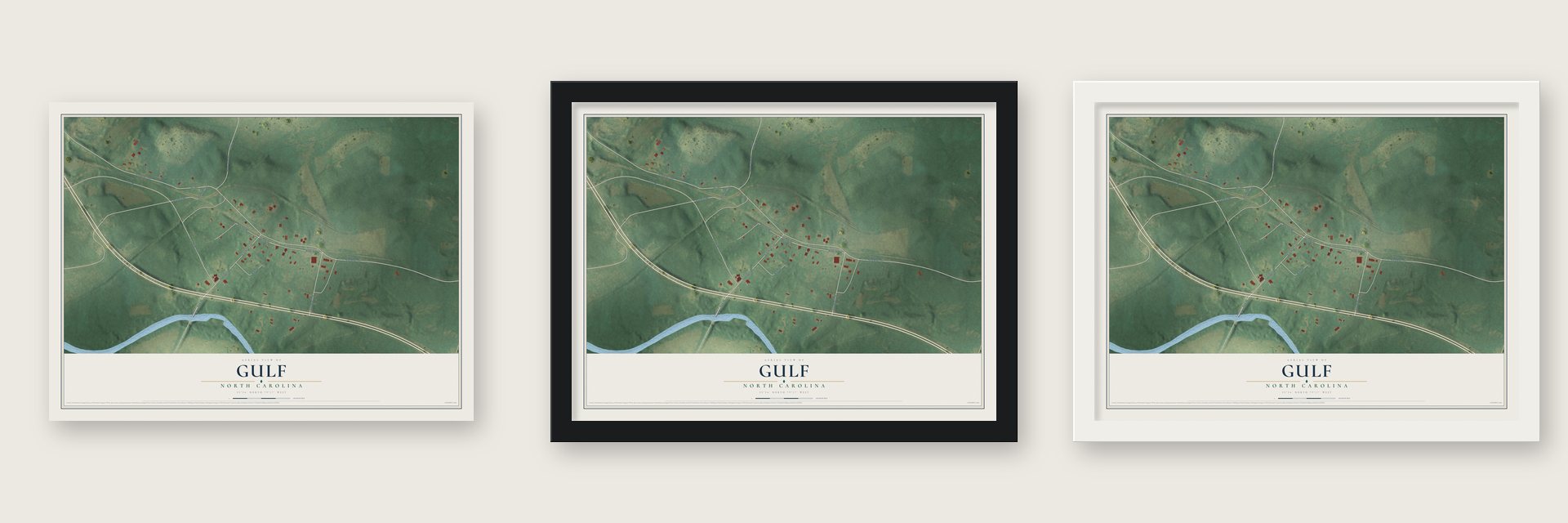 Gulf, North Carolina map unframed, in a black wood frame and in a white wood frame