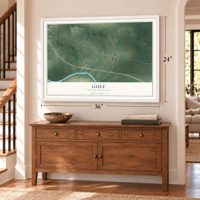 Gulf, North Carolina map, 24 x 36 inch print in a white frame above a dresser by a staircase