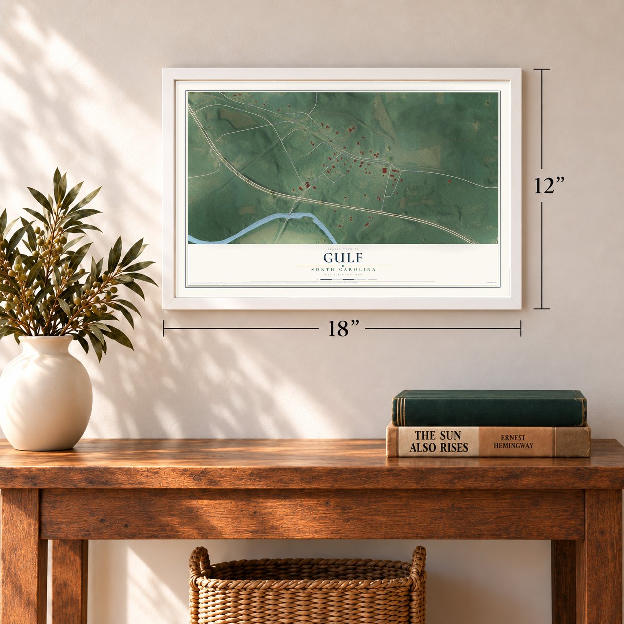 Gulf, North Carolina map, 12 x 18 inch print in a white frame in an entryway