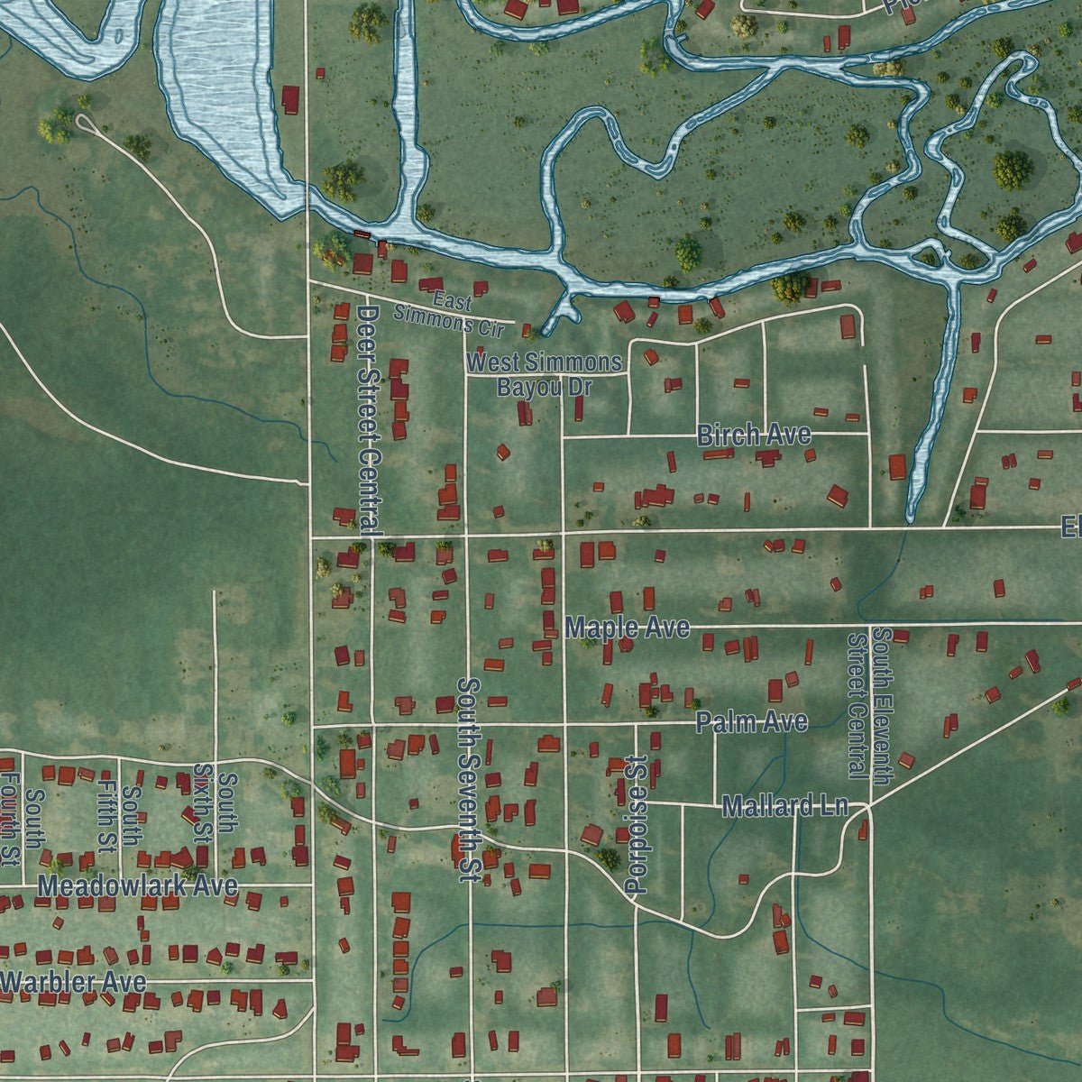 Second close-up of the map of Gulf Park Estates, Mississippi print showing more streets and buildings