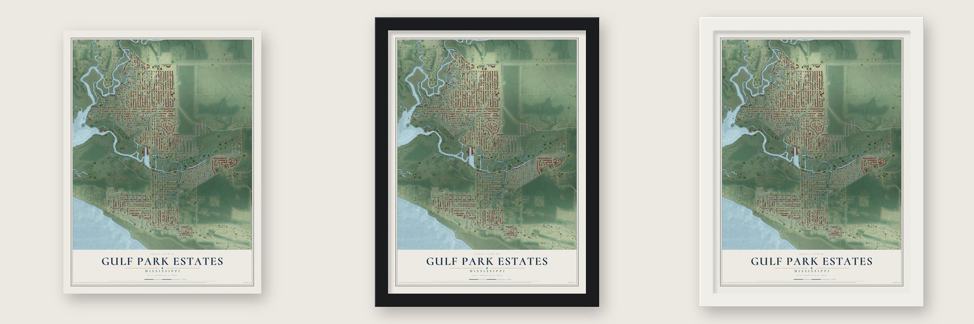 Gulf Park Estates, Mississippi map unframed, in a black wood frame and in a white wood frame