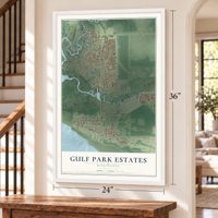Gulf Park Estates, Mississippi map, 24 x 36 inch print in a white frame by a staircase