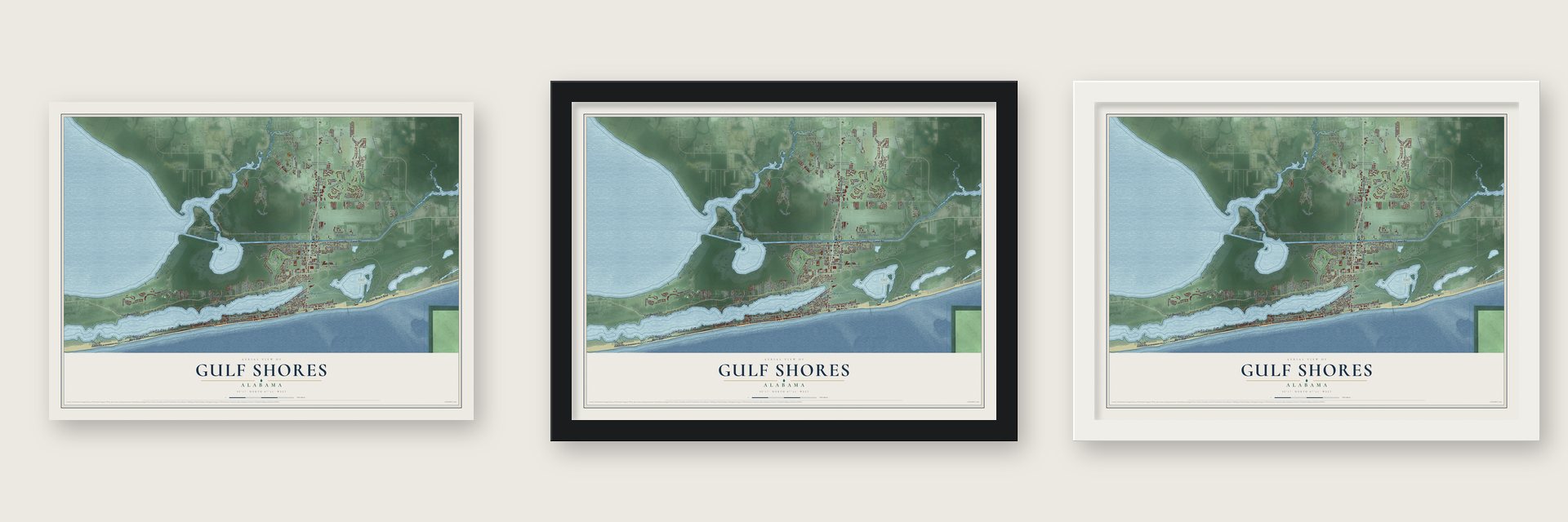 Gulf Shores, Alabama map unframed, in a black wood frame and in a white wood frame
