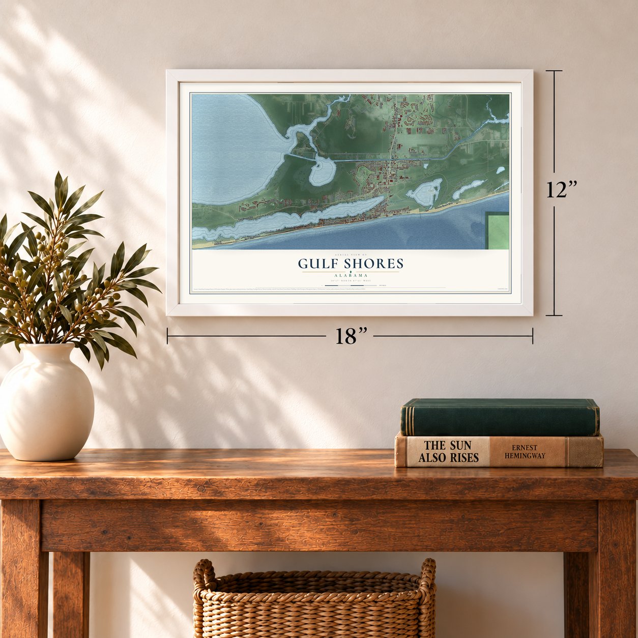 Gulf Shores, Alabama map, 12 x 18 inch print in a white frame in an entryway
