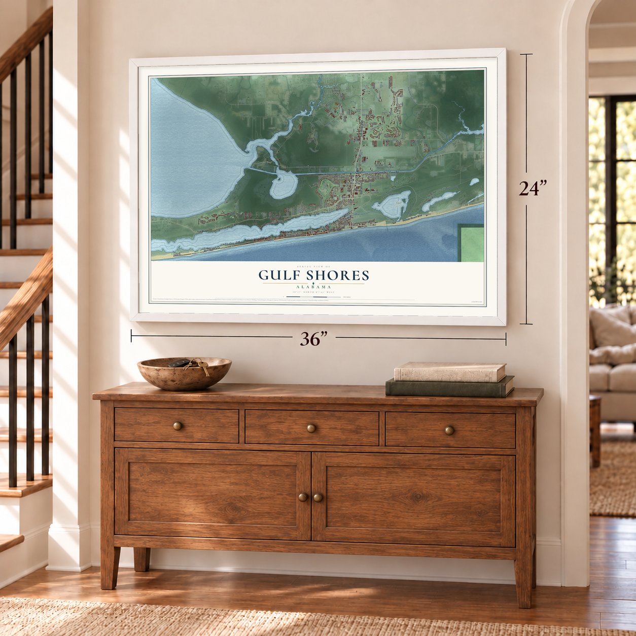 Gulf Shores, Alabama map, 24 x 36 inch print in a white frame above a dresser by a staircase